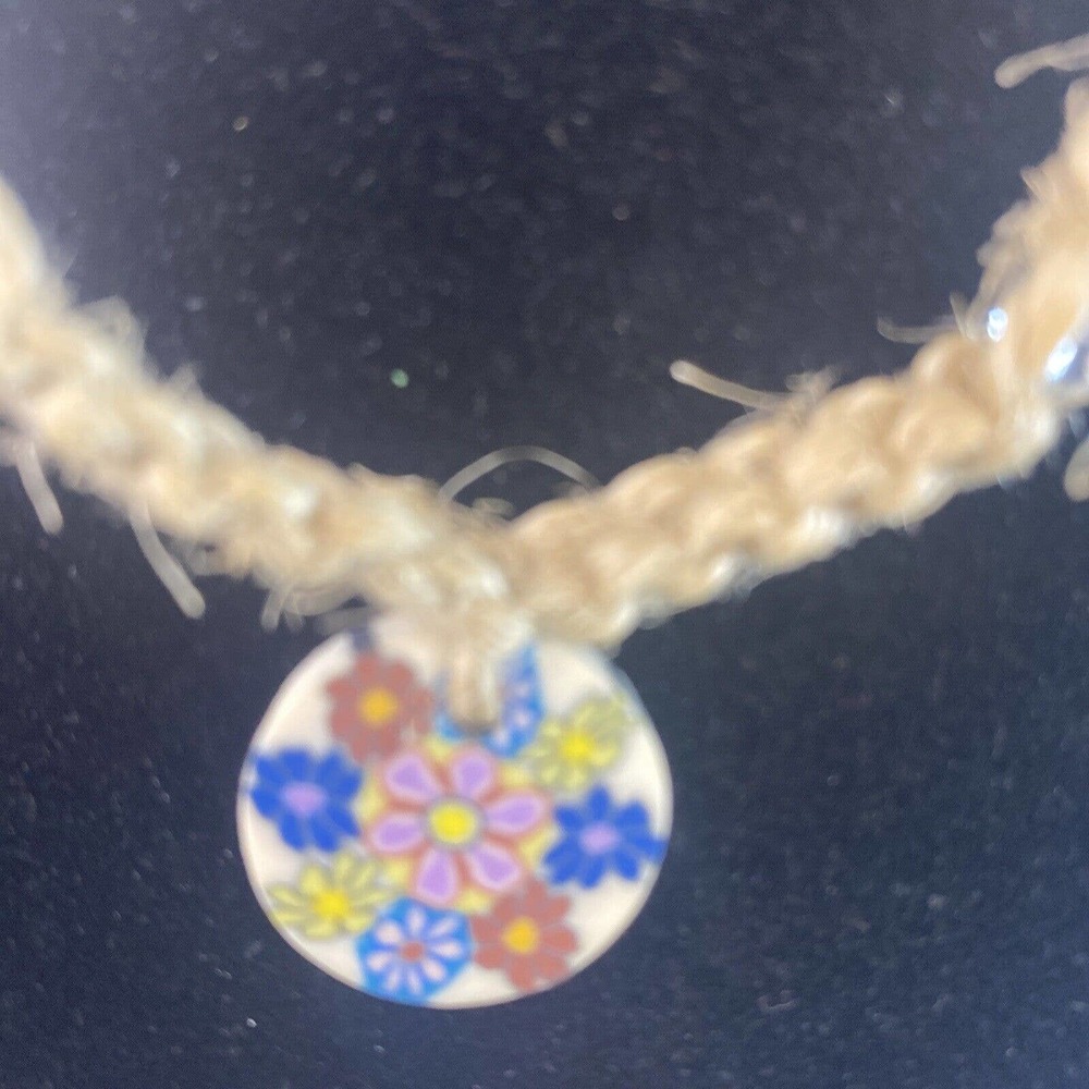 18 Inc Hemp Twist Necklace with Trippy Clay Multicolored￼ Flower Pendant